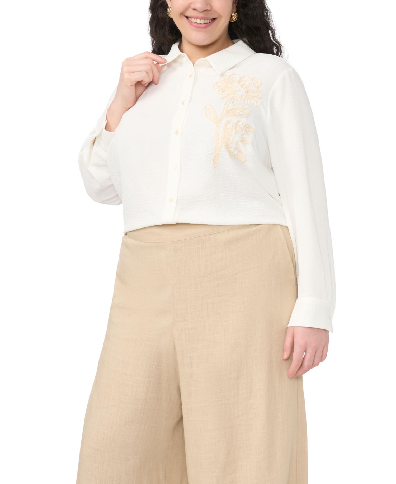Plus Size Button-Down Tunic Flower Applique Blouse