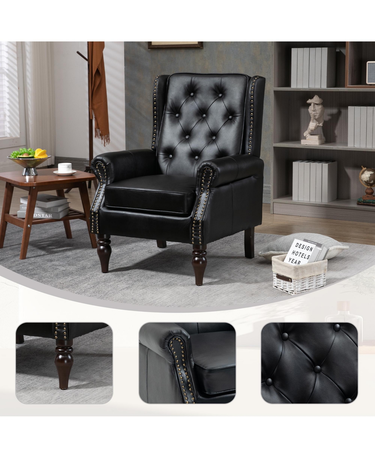 Rainsken Pu Leather Armchair, Vintage Tufted Wingback Chair, Leisure Single Accent Chair with Rivet Decoration for Living Room, Office