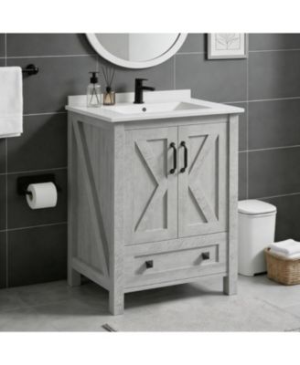  Bathroom Vanity with Ceramic Sink, Freestanding Cabinet with 2 Doors and Drawer Storage, Compact Design for Small Bathroom