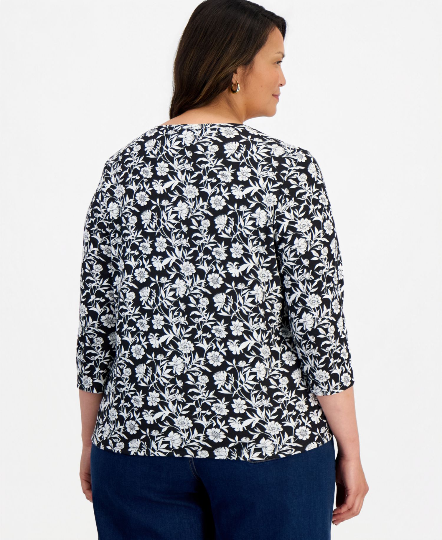 Plus Printed 3/4 Sleeve Henley Top