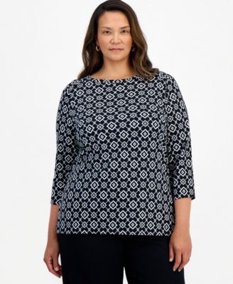 Plus Size Laurel Tile 3/4-Sleeve Geometric Boatneck T-Shirt