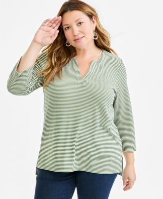 Plus Size Striped 3/4-Sleeve Split-Neck Tunic