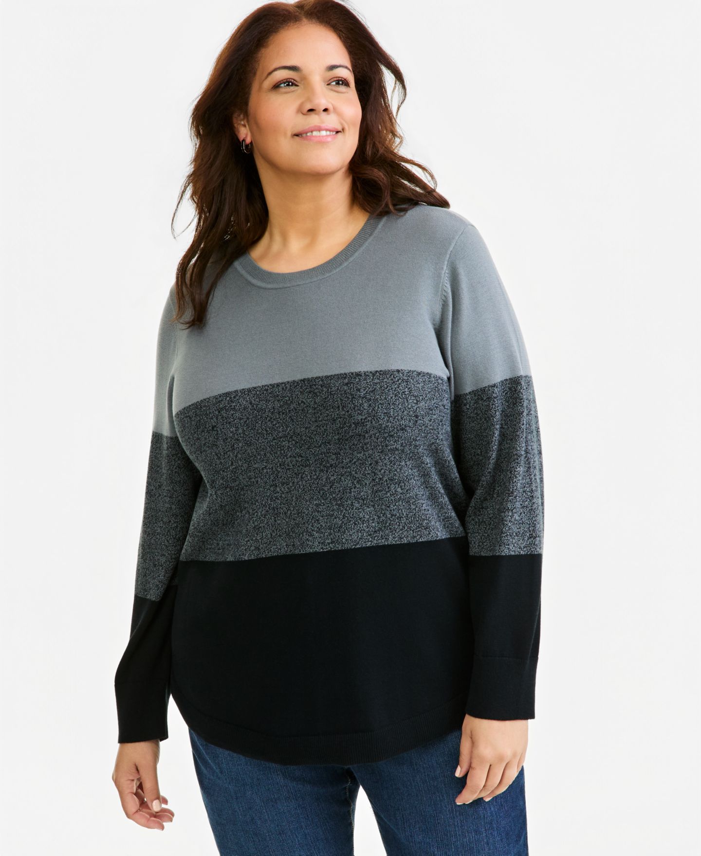 Женский свитер Style & Co Plus Cotton Colorblocked Curved-Hem, цвет: Глубокий чёрный — фото 1