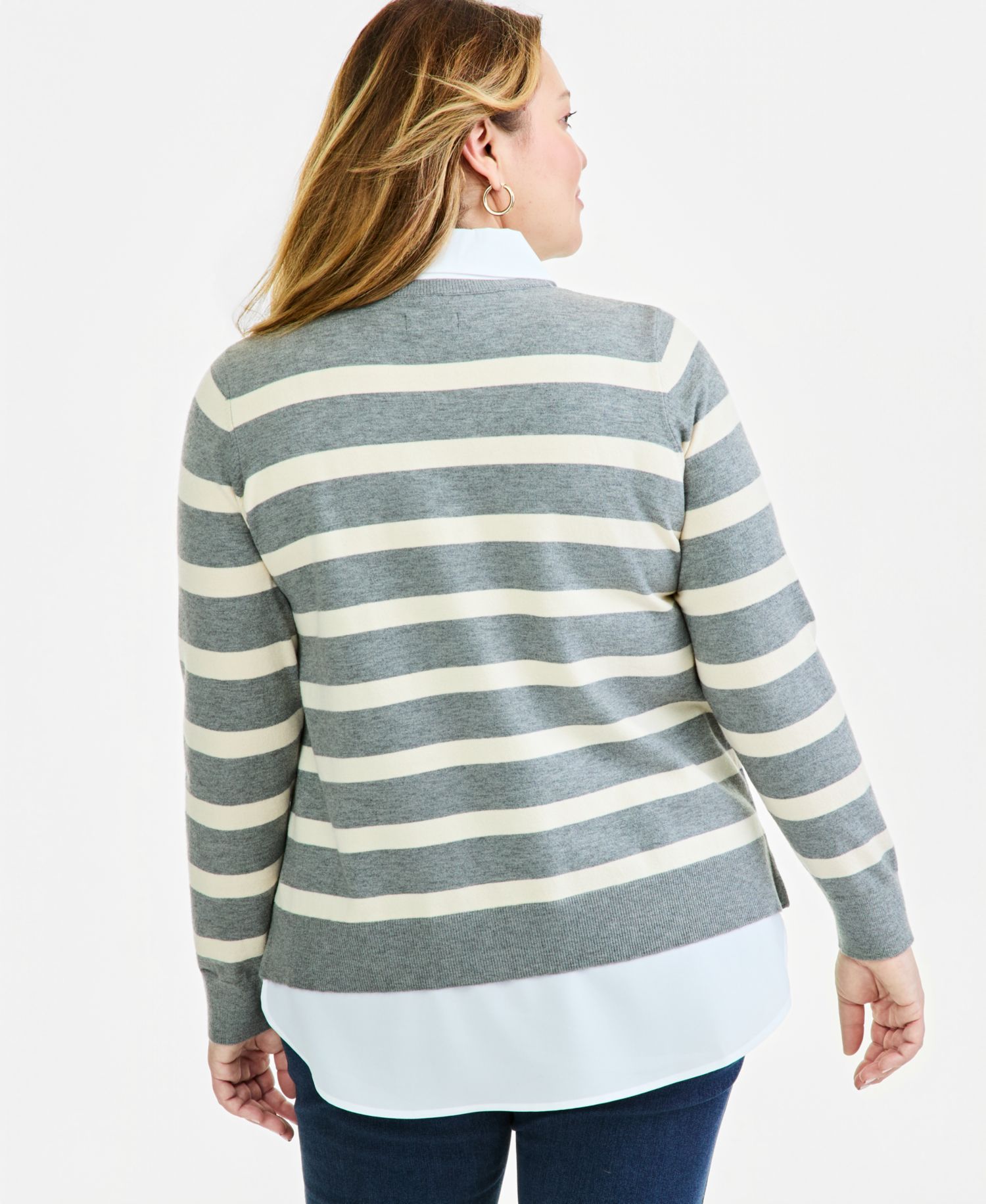 Petite Two-Fer Striped V-Neck Sweater