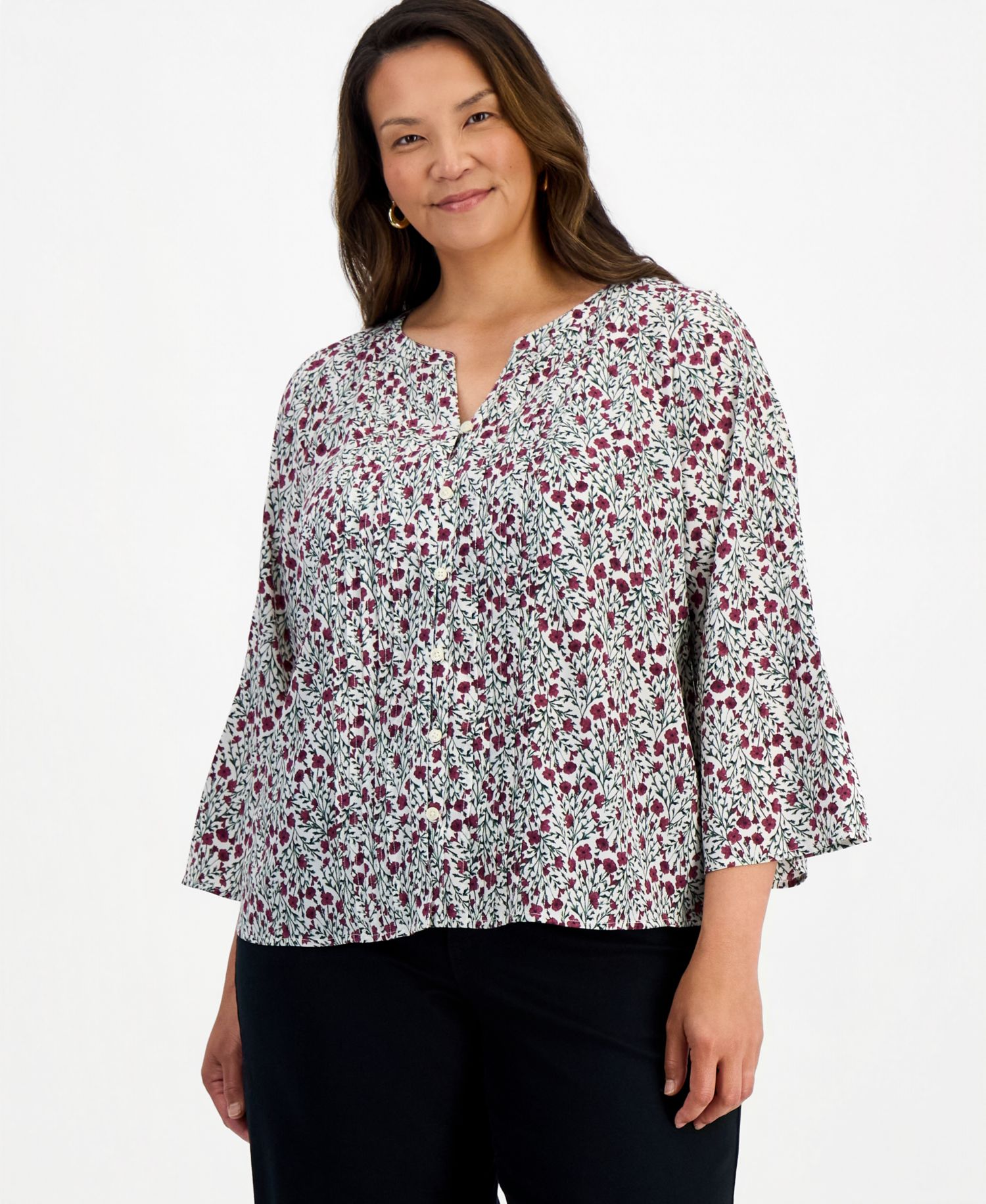 Plus Printed Bell-Sleeve Pintuck Blouse