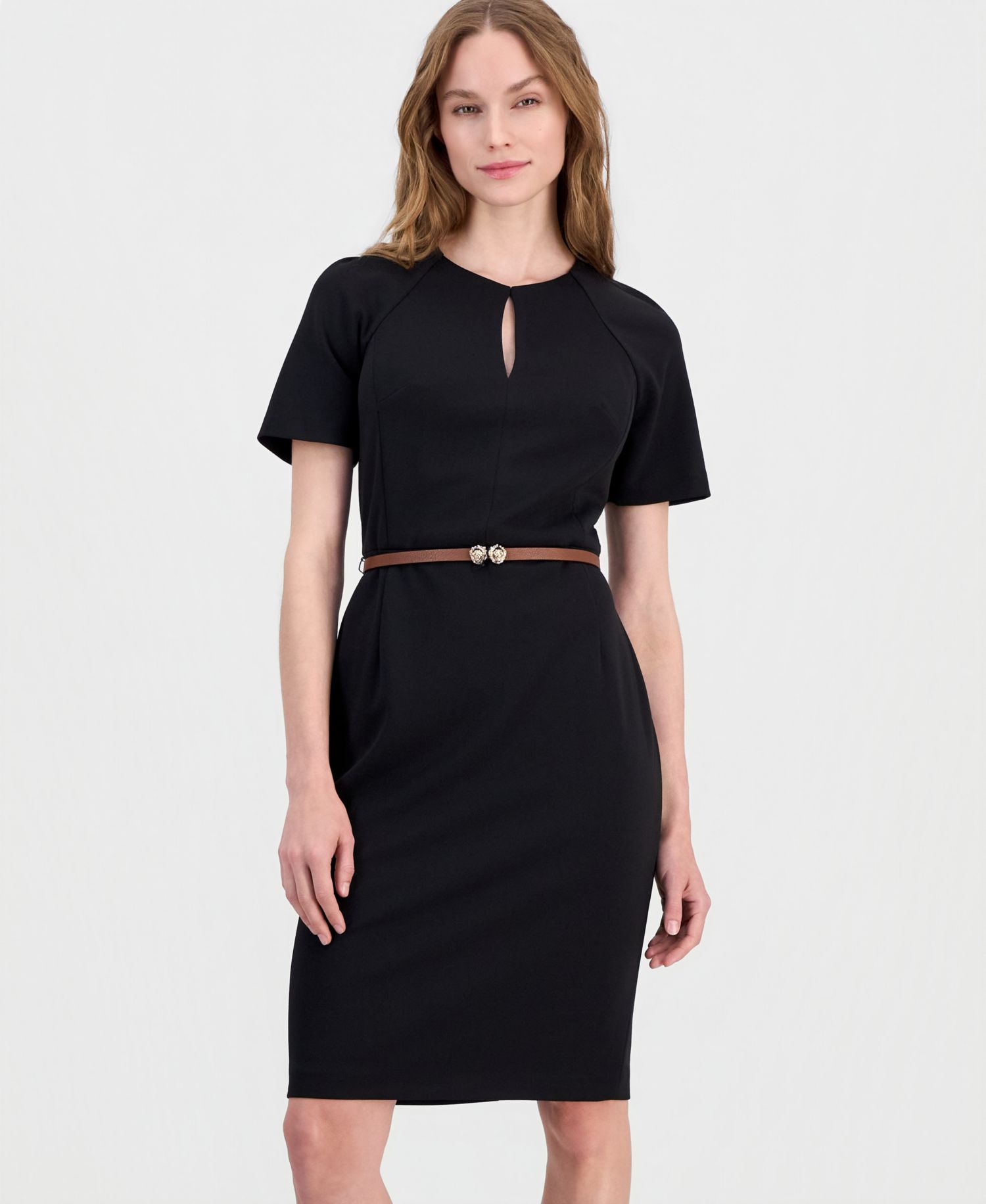 Women's Belted Scuba Crepe Sheath Dress