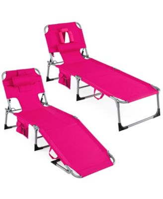 Set of 2 Tanning Chair with Face and Arm Holes Folding Chaise Lounge Beach Chair w/ Adjustable Backrest