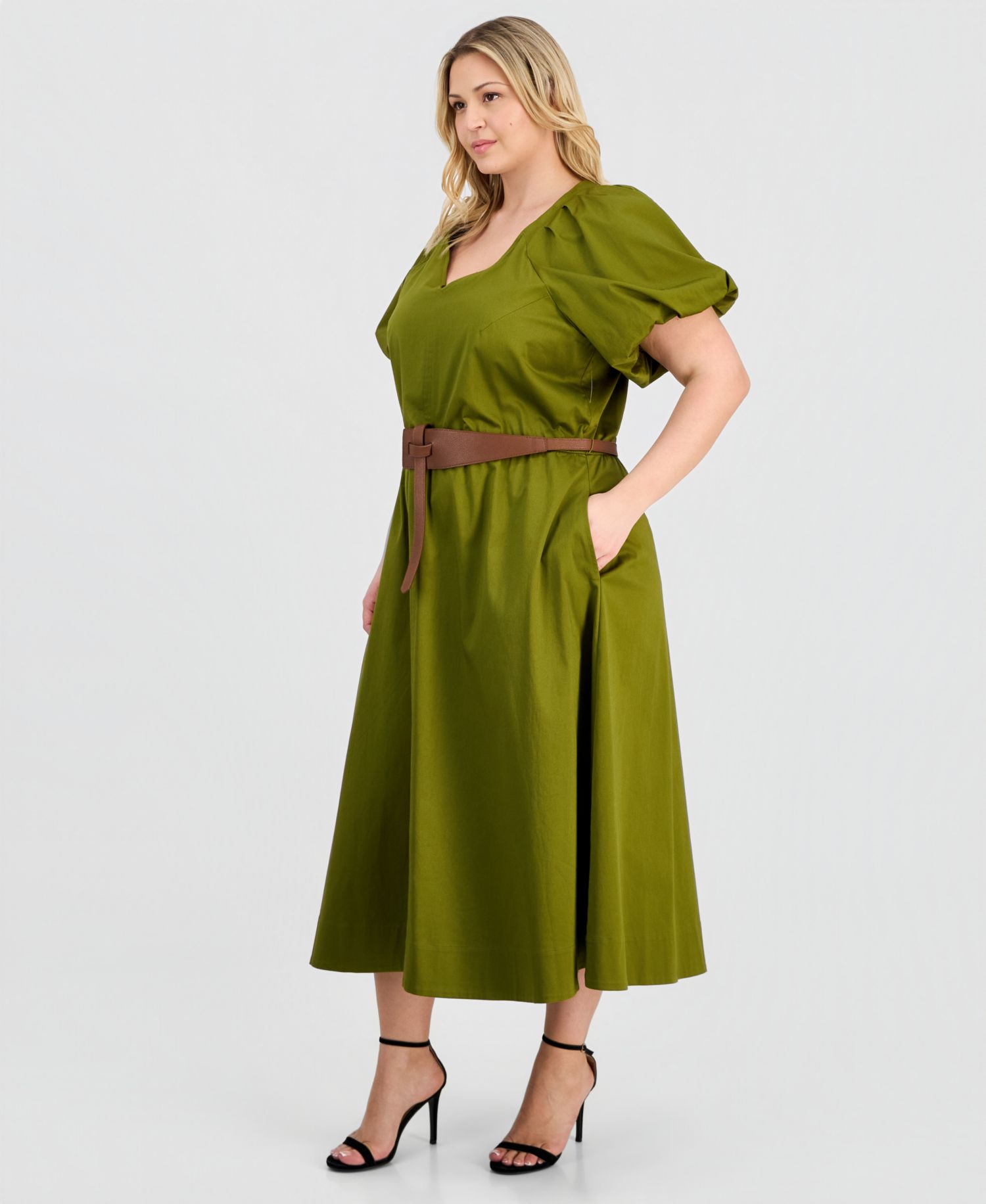 Plus-Size Sateen V-Neck Midi Dress