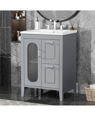 Freestanding Bathroom Vanity with Sink, Solid Wood Cabinet, Moru Glass Door, Adjustable Shelf for Small Spaces