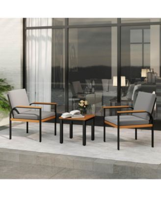 3 PCS Patio Furniture Set with Coffee Table Removable Cushions Acacia Wood Armrests