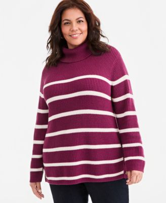 Plus Size Striped Rib Tunic Turtleneck Sweater