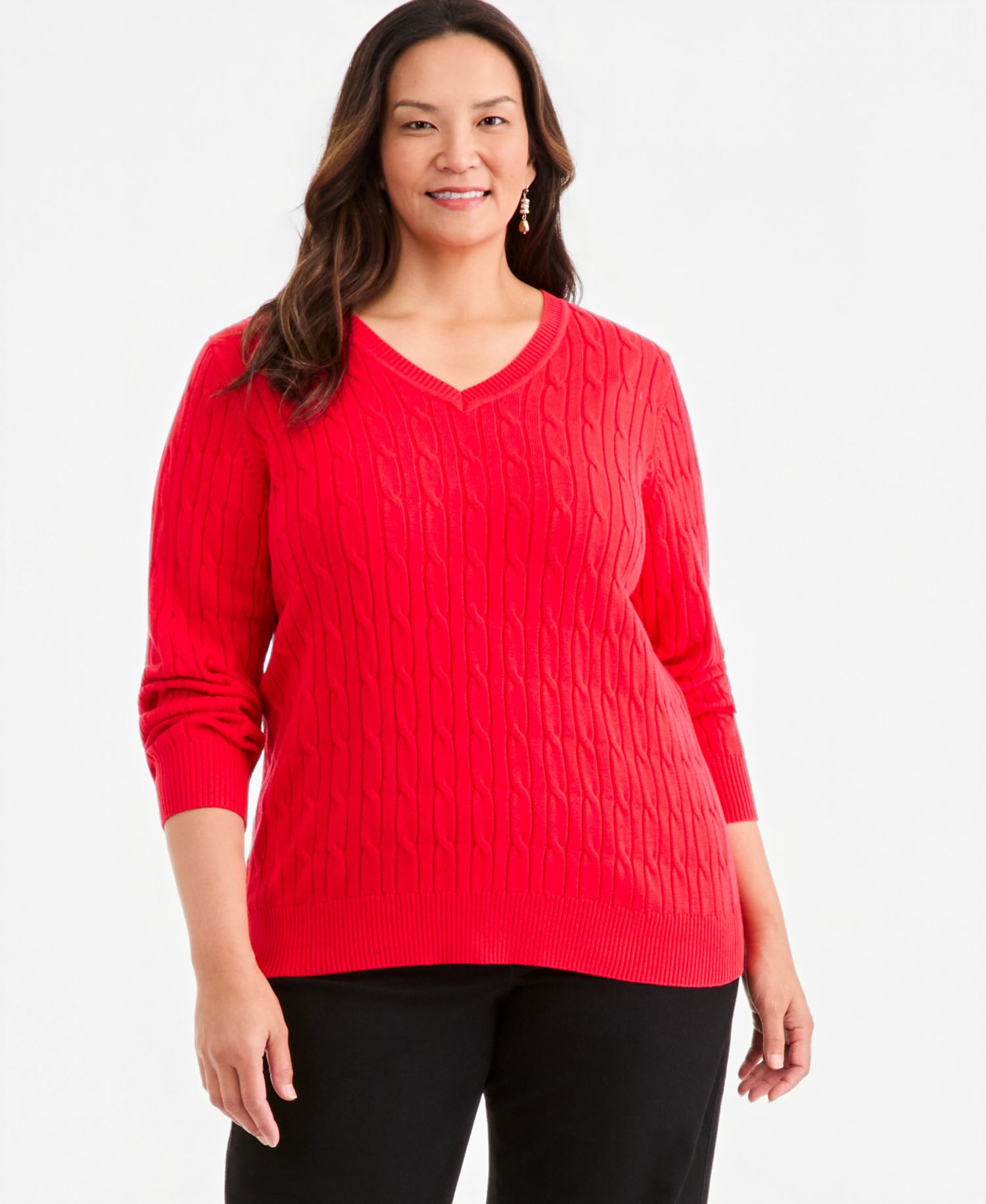 Petite Cotton Cable-Knit V-Neck Sweater