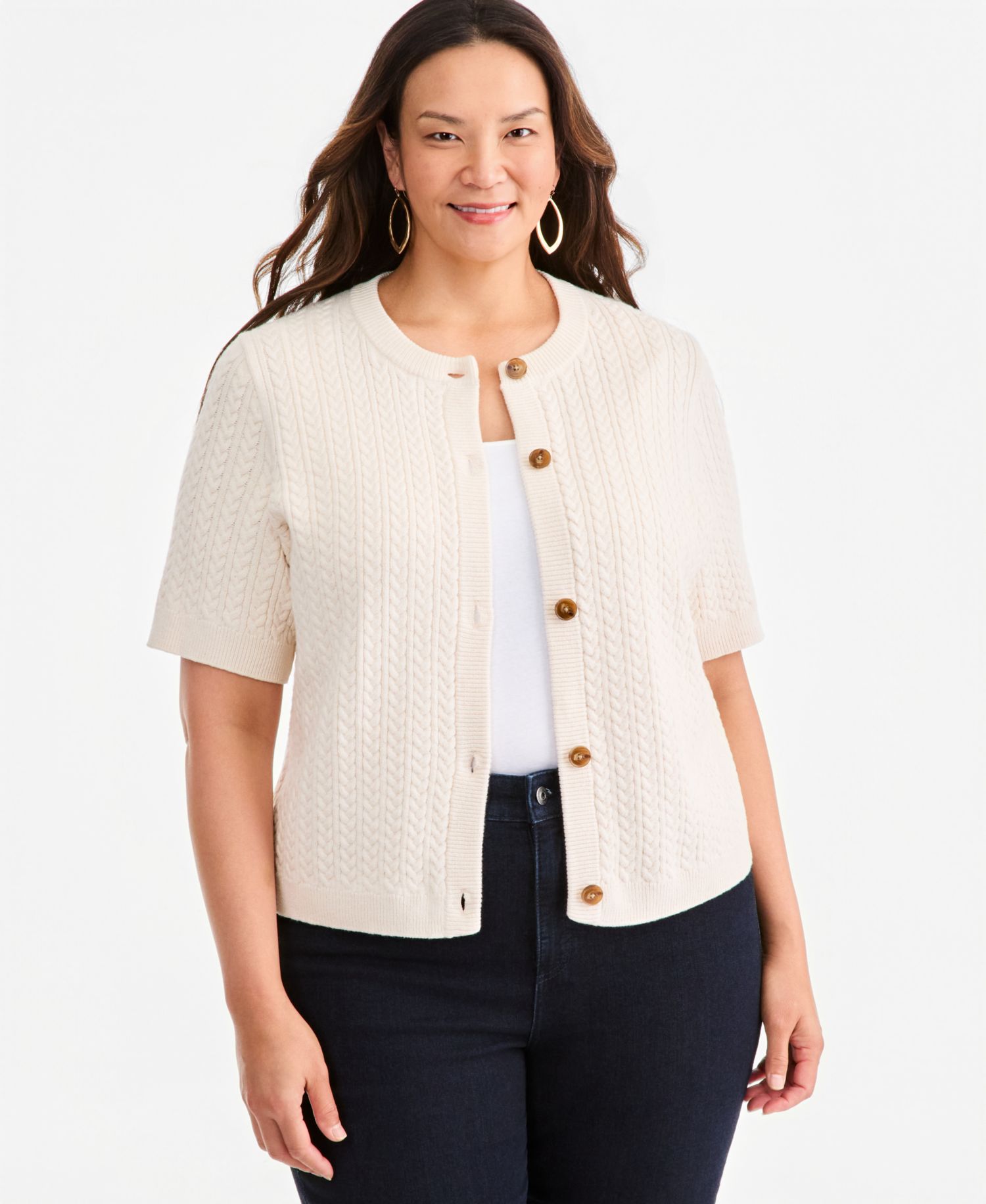 Petite Cable-Knit Short-Sleeve Crewneck Cardigan
