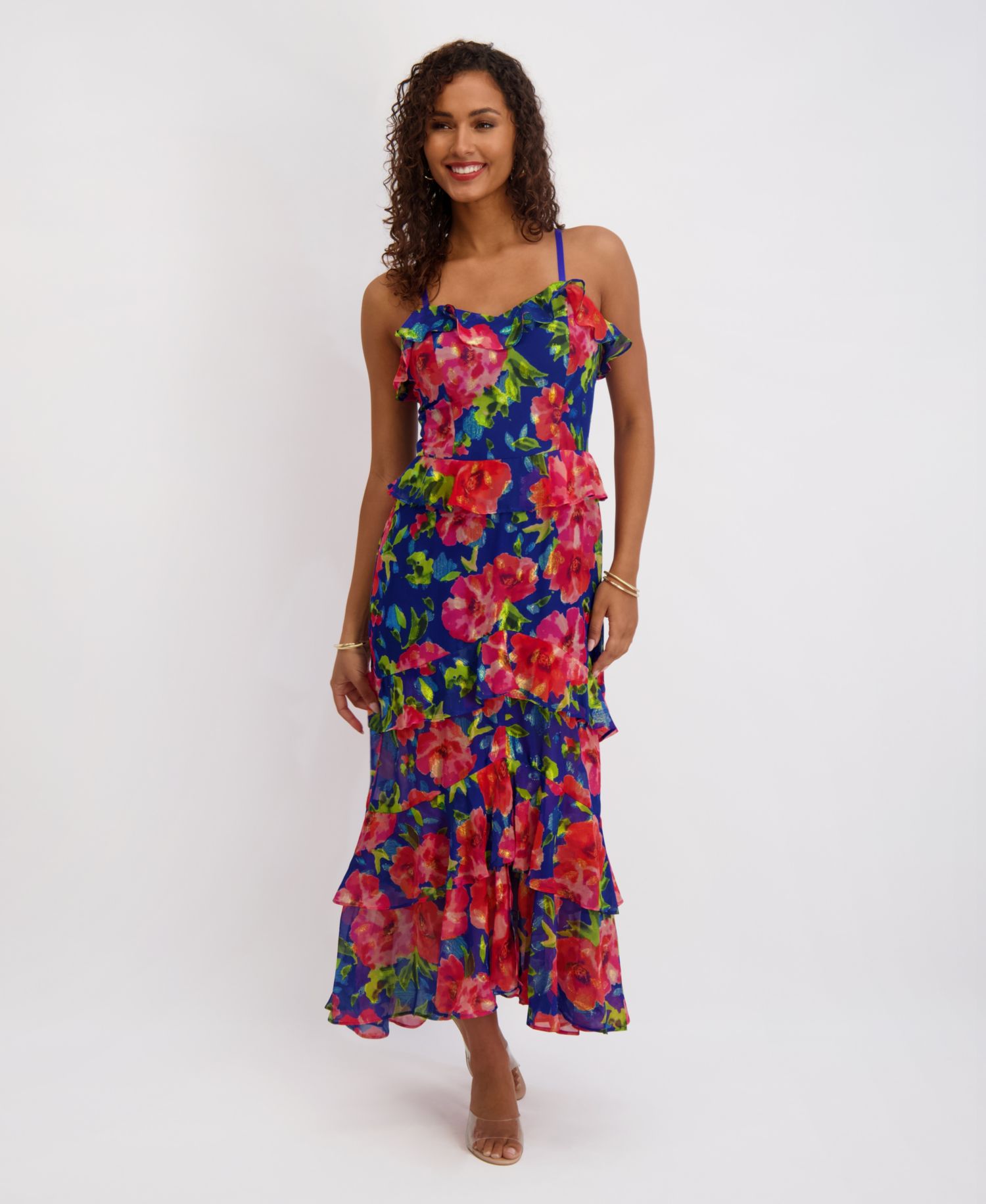 Women's Printed Sweetheart Neck Ruffle Detail Maxi Dress