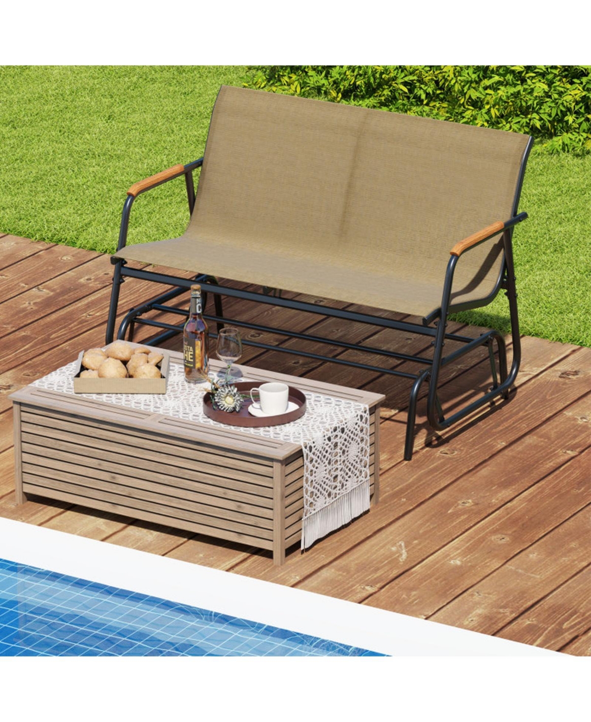 Sugift 2-Person Patio Glider Bench with Curved Teak Armrests and Fabric Seat