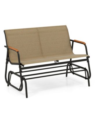 2-Person Patio Glider Bench with Curved Teak Armrests and Fabric Seat