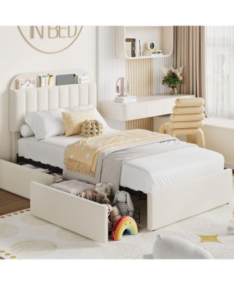 homfan - Twin Bed Frame with 2 Drawers, Boucle Upholstered Bed with Bookcase Headboard, Kids Bed, Easy Assembly, No Box Spring, Noise Free Beige/Khaki