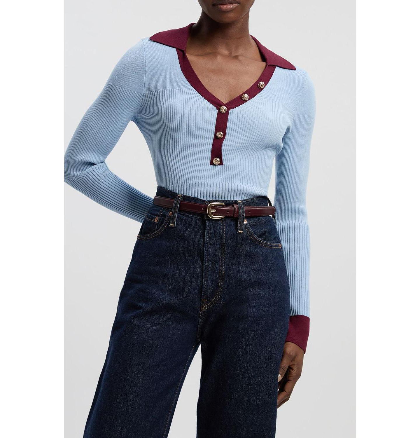 Женский топ Karen Millen Rib Knit Contrast Hem Collared, цвет: Светлый синий — фото 7