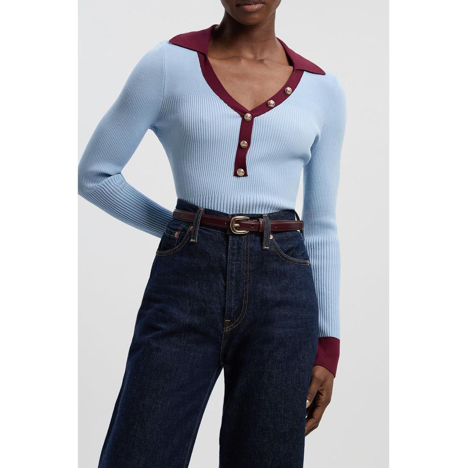 Women's Rib Knit Contrast Hem Collared Top