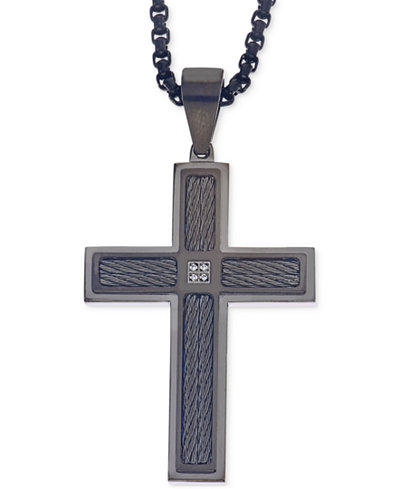 Esquire Men's Jewelry Diamond Accent Cross Pendant Necklace in Gunmetal and Black IP over Stainless Steel, Only at Macy's