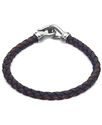 Esquire Men's Jewelry Black and Brown Leather Bracelet in Stainless Steel, Only at Macy's