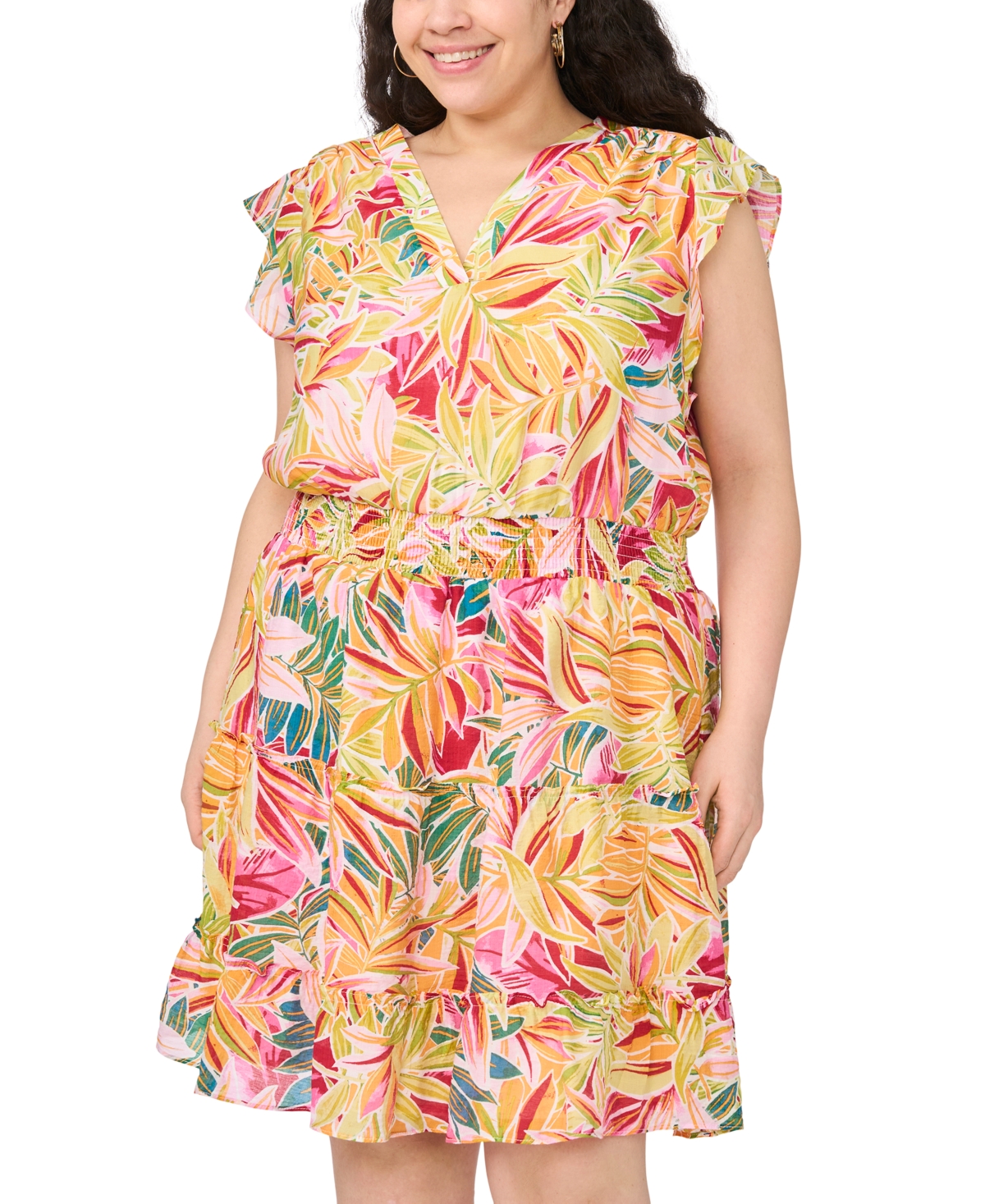 Msk Plus Smocked Waist Tiered V-Neck Short-Sleeve Dress
