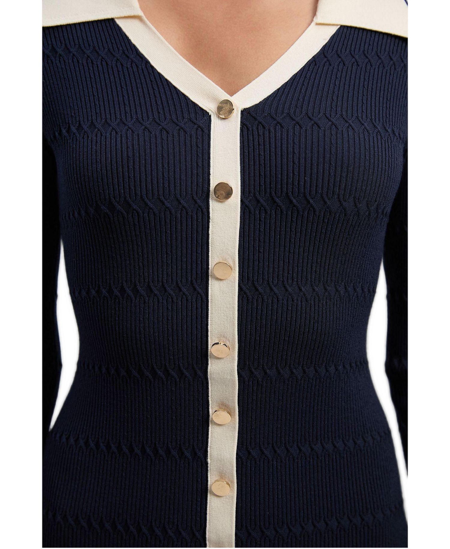 Women's Rib Contrast Button Knit Midi Dress