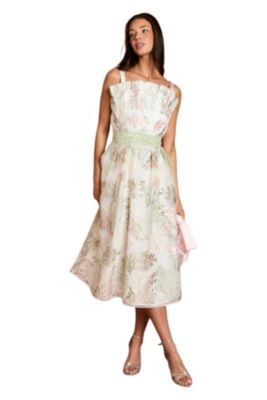 Women's Fan Bodice Embroidered Mesh Midi Dress