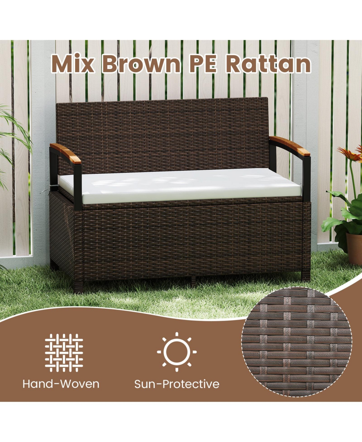Gymax Outdoor Storage BenchCushion Backrest and Acacia Wood Armrests Hidden Storage