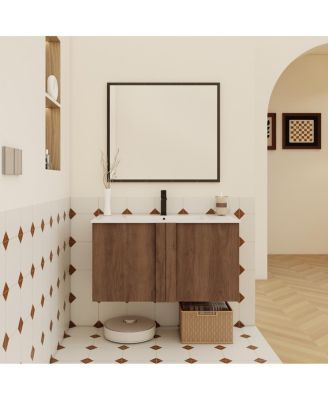 Wall Mounted Bathroom Vanity with Ceramic Sink, Soft Close Double Doors, Modern Brown Ebony Floating Storage Cabinet