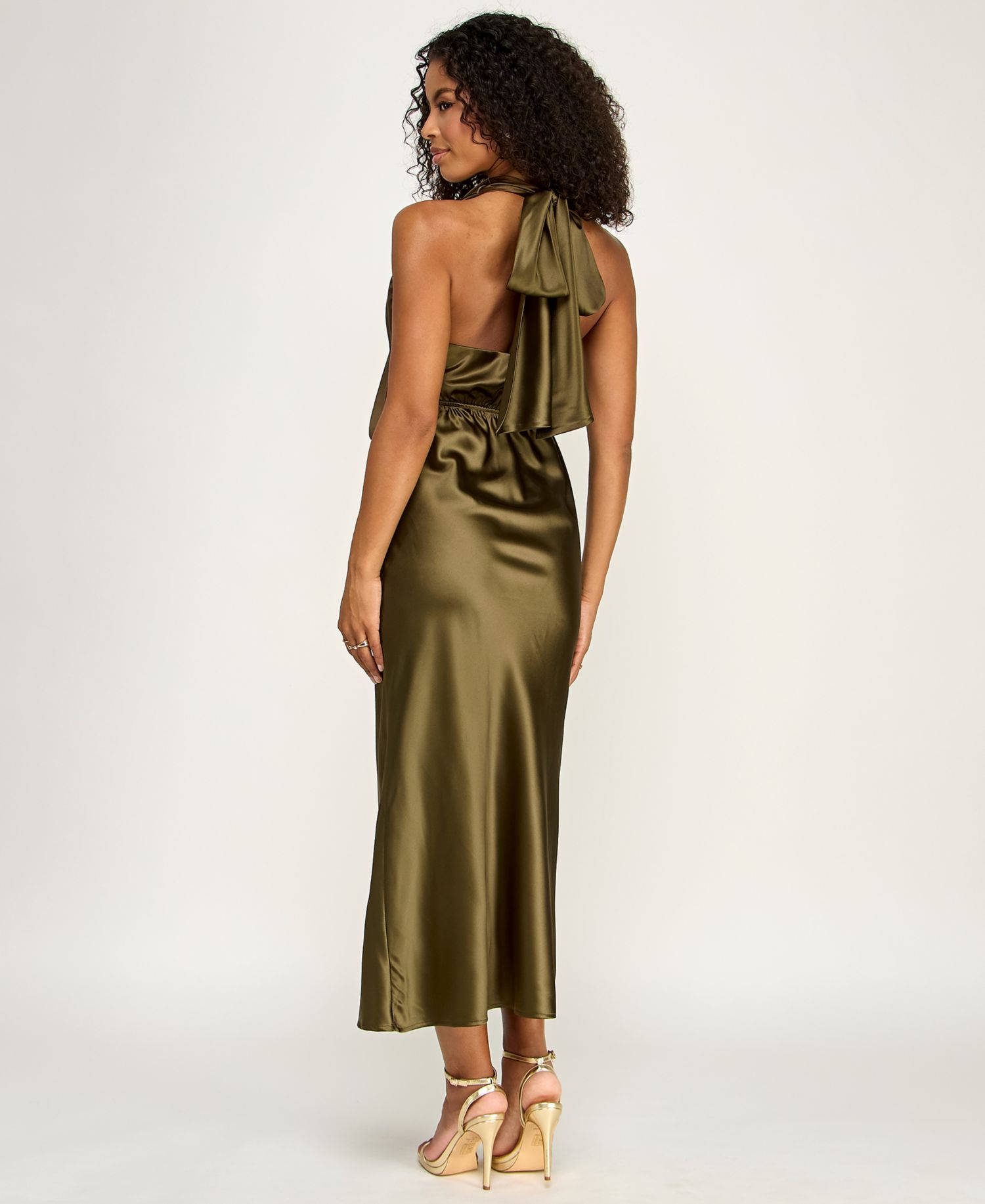 Juniors' Drape Neck Halter Satin Midi Dress