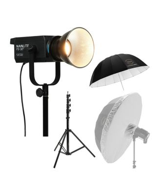 FS-300C RGBW COB LED Video Spotlight, Bundle with 65" Easy Lock Umbrella, Umbrella Diffuser and 9.5' Air-Cushioned Light Stand
