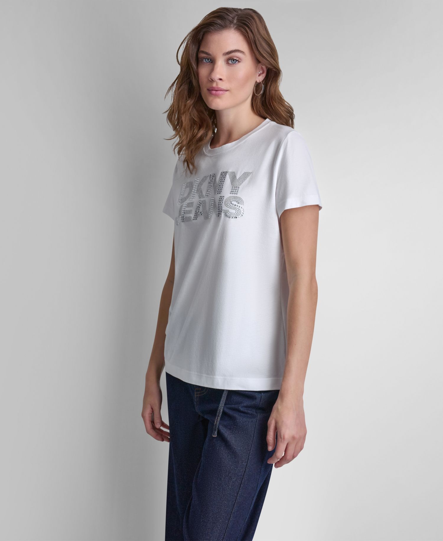 Women's Stacked Rhinestone Dome Stud Logo Crewneck T-Shirt