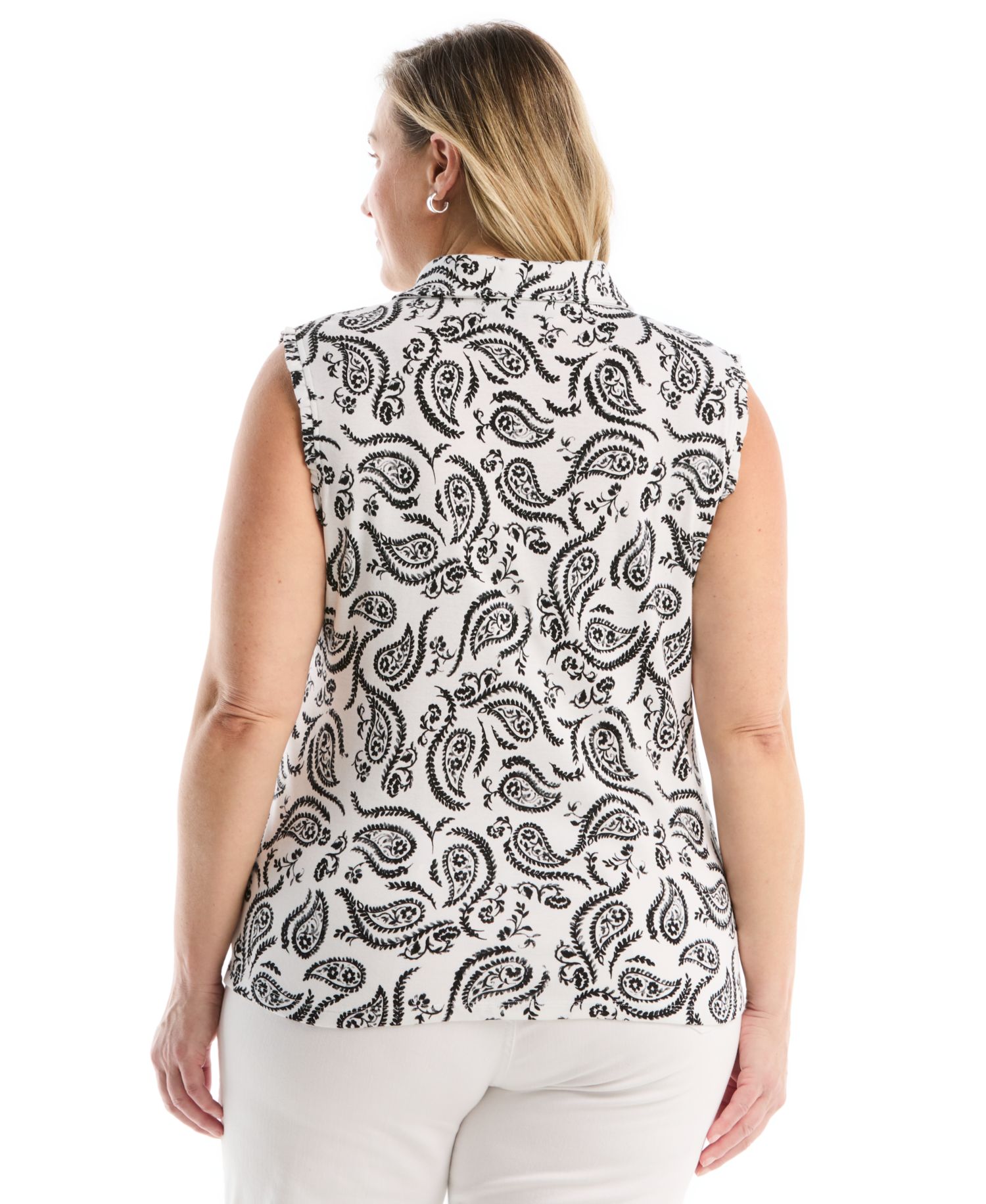 Plus Size Paisley Print Ruffle Trim Sleeveless Polo Shirt