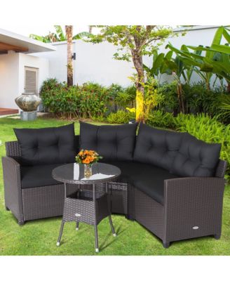 4PCS Patio Rattan Furniture Set Cushioned Sofa Glass Table Garden