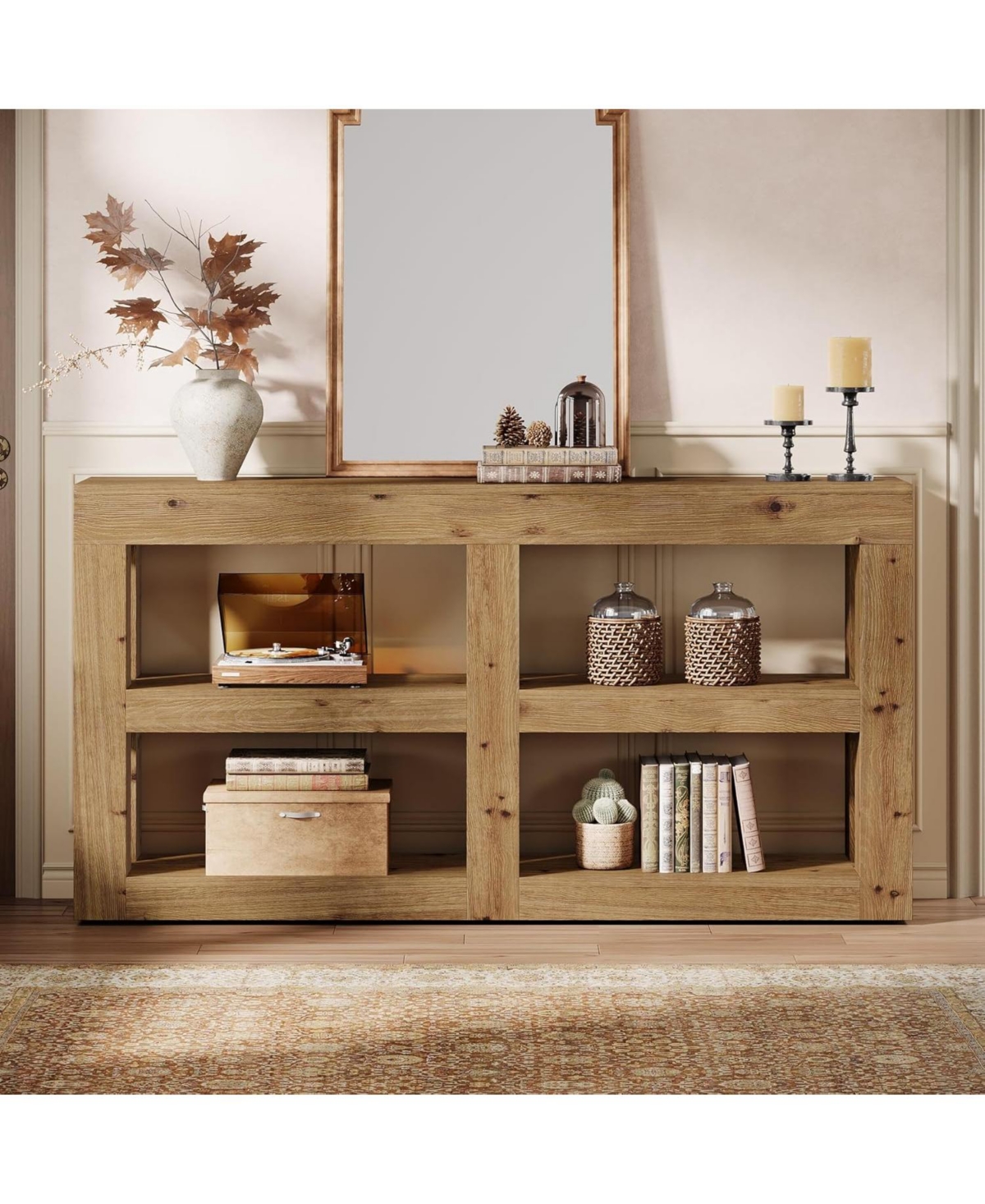 Tribesigns Solid Wood Console Table with Storage, 63" Entryway Table with 4 Cubes, Farmhouse 3-Tier Console