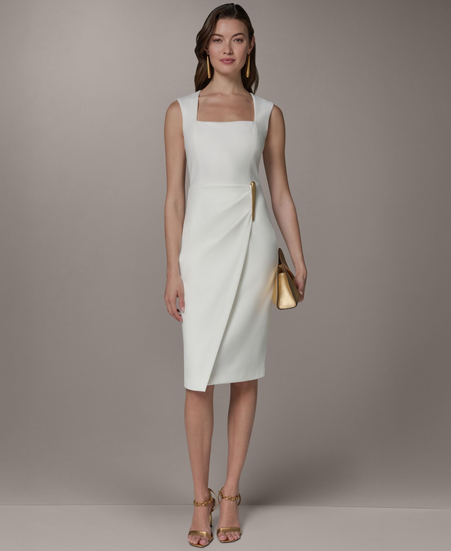 Women's Square Neck Sheath Sleeveless Hardware Midi Dress