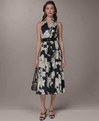 Donna Karan Women's Sleeveless Midi Halter Shirt Dress in Black Cream