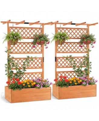  Wooden Planter Box w/Lattice Trellis Flat Roof Drainage for Climbing Plant
