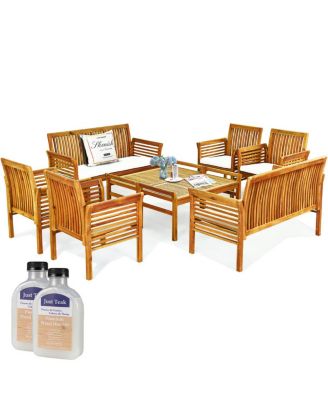 8 Piece Outdoor Acacia Wood Sofa Set w/ Teak Wood Oil Water Resistant Cushions