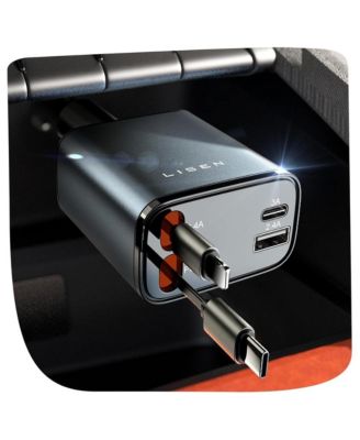 Retractable Car Charger 69W, 4-Port Fast Charging Car Adapter with USB-C and USB-A, Multi Device Car Charger for iPhone, Samsung, Tablets
