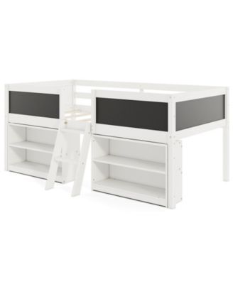 Twin Size Kids Low Loft Bed with Chalkboard, Ramp Ladder and Bookcases