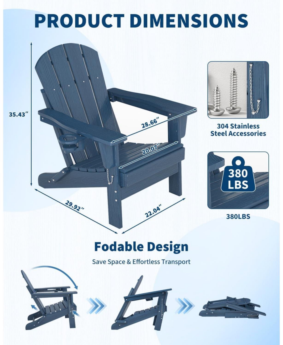 gaomon Folding Adirondack Chair Set of 4, Hdpe Outdoor Patio Chair with Cup Holder, All Weather Resistent Wooden Textured for patios, Decks, Gardens.
