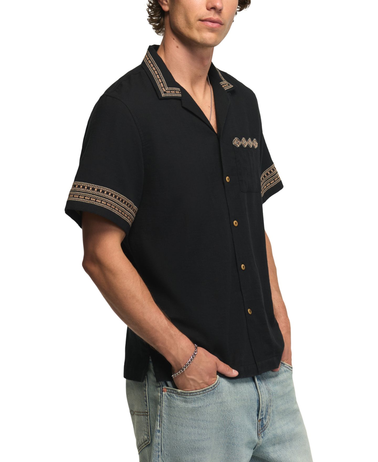 Мужская рубашка Lucky Brand Embroidered Detail Camp Collar, цвет: Чёрный — фото 3