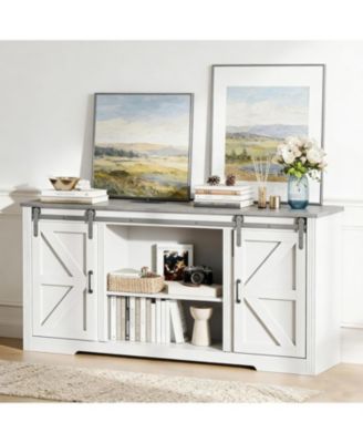 Farmhouse TV Stand for Up to 70 Inch TVs, Rustic TV Cabinet with Sliding Barn Doors, 4 Drawers & Adjustable Shelf