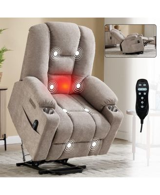 Chenille Power Lift Recliner with Massage, Heat, USB & Cup Holders, Wide Heavy-Duty Electric Chair for Seniors