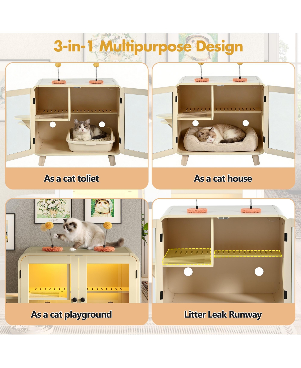 Zeus & Ruta Cat Hidden Litter Box Enclosure, Washroom Cabinet with Leak Walkway and Glass Doors for Better View