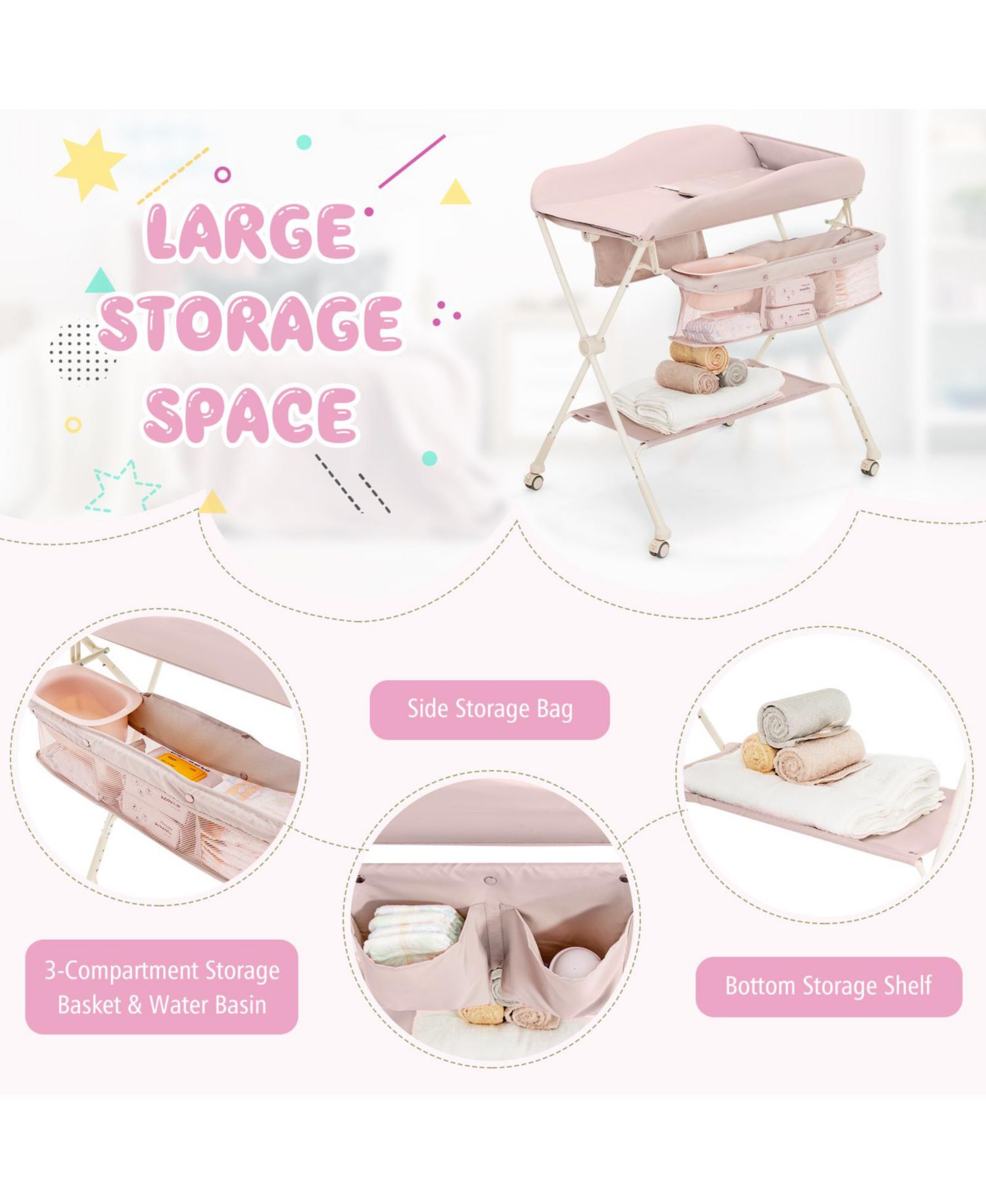 Infant Diaper Changing Table with Water Basin and Wheels