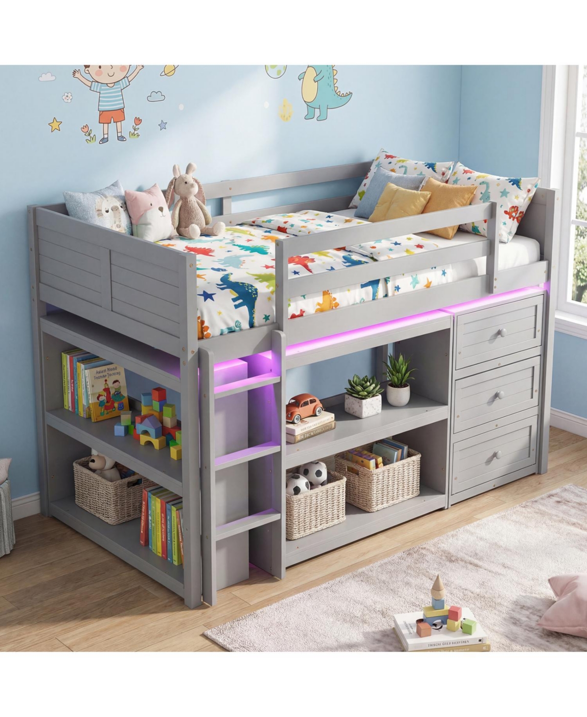 Slickblue Loft Bed for Kids with Led Lighting and Spacious Under Area Study or Play