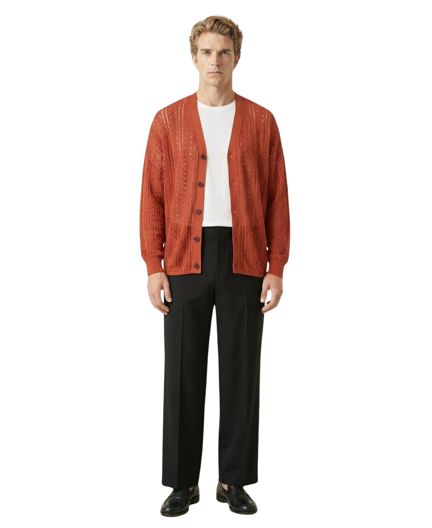 Men's Open-Knit Button-Front Textured Cardigan